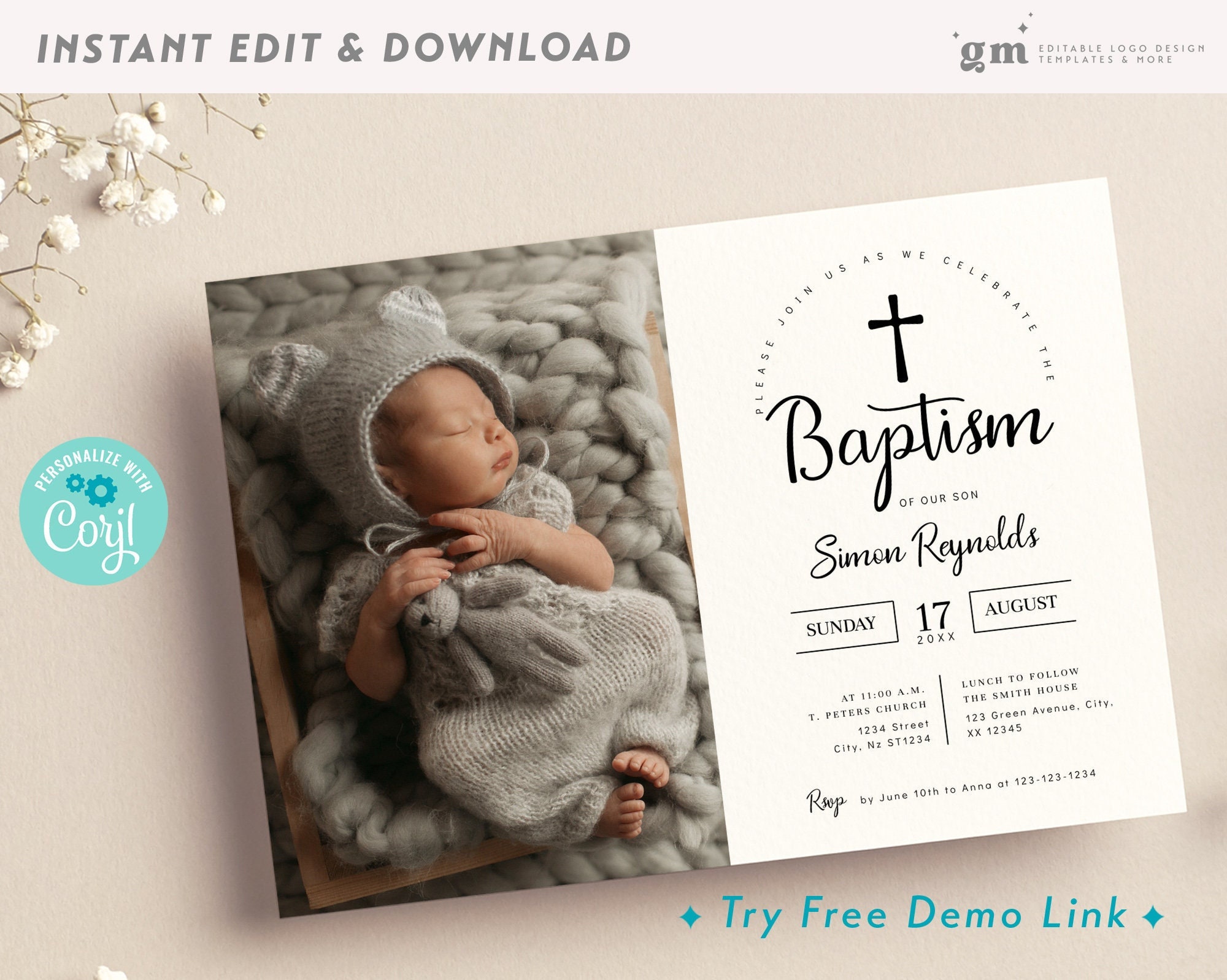 Simple Baptism Photo Invite Card, Black, EDITABLE Minimalist Christening Invitation Template, Gender Neutral, for Girl, for Boy BA02-1