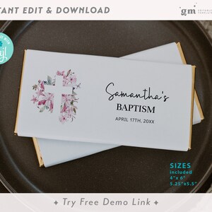 Floral Cross Chocolate Wrapper Template, Editable Boho Baptism Candy Bar Label, Pink Girl Communion Favor BA03-2