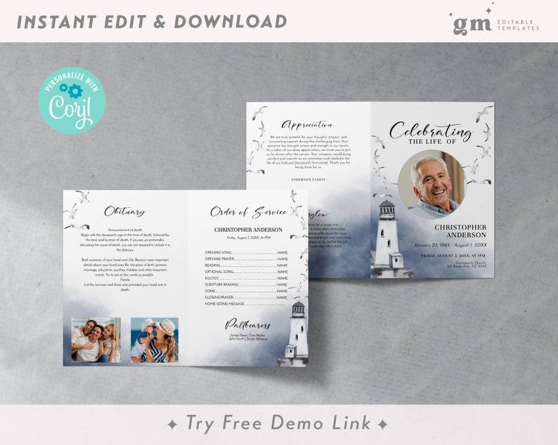 4 Page Funeral Program, Sea & Birds, Editable Obituary TEMPLATE, Bifold ...