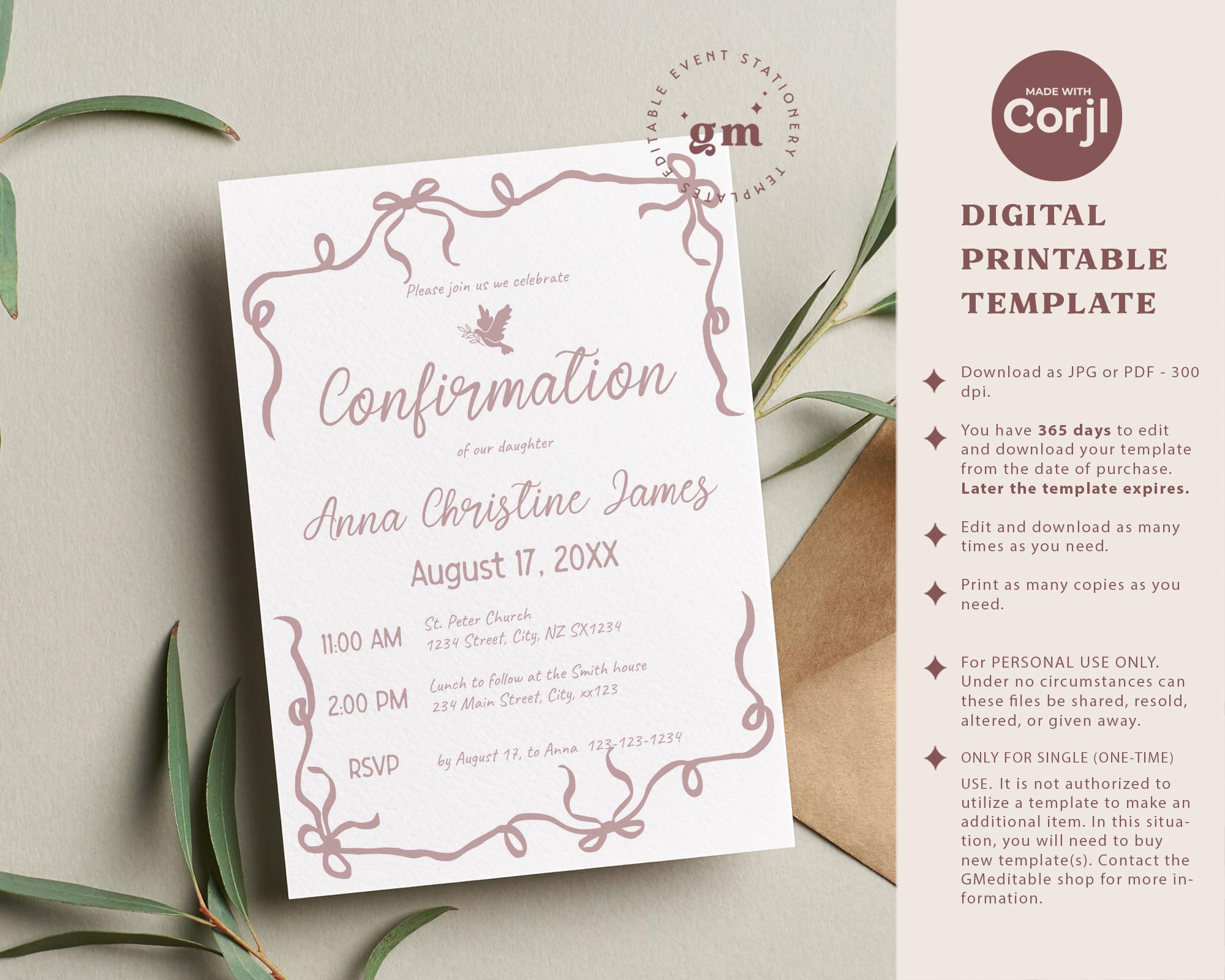 Wavy Border Confirmation Invitation Template, Editable Bow Invite for ...