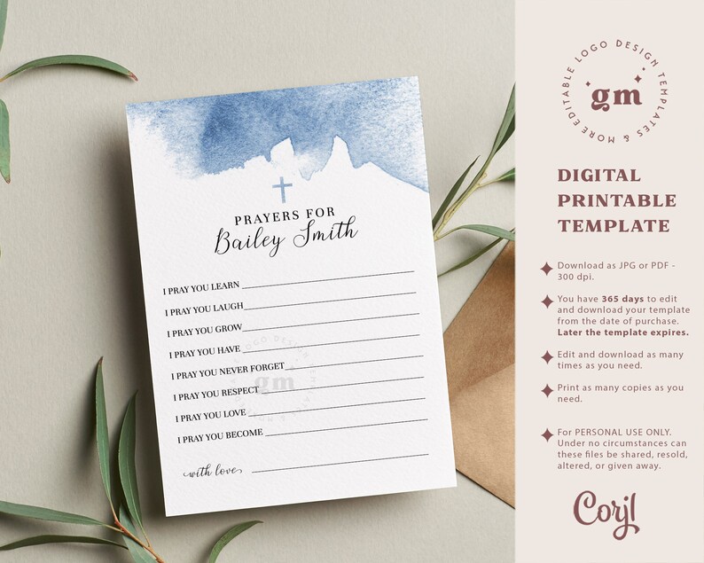 Prayers for Baby, Editable Baptism Prayer Card Template, Blue ...