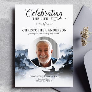 Fisherman Memorial Invitation Card, Editable River & Boat  Funeral Announcement TEMPLATE, Celebration of Life Invite, FU29-1