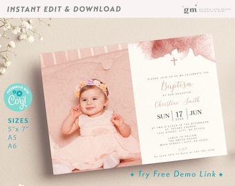 Blush Pink Girl Baptism Photo Invite Card, Editable Girl Christening Invitation Template, Watercolor BA01-2