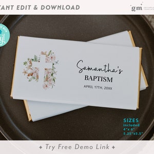 Blush Chocolate Wrapper Template, Editable Floral Cross Baptism Candy Bar Label, Boho Girl Communion Favor BA03-1