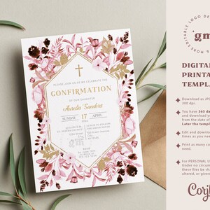 Pink Greenery Girl Confirmation Invitation, EDITABLE Summer Floral ...