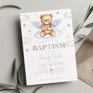 Blue Teddy Bear Baptism Invite, Editable Boy Christening Invite Template, Angel, Clouds & Stars, Boho BA20-3