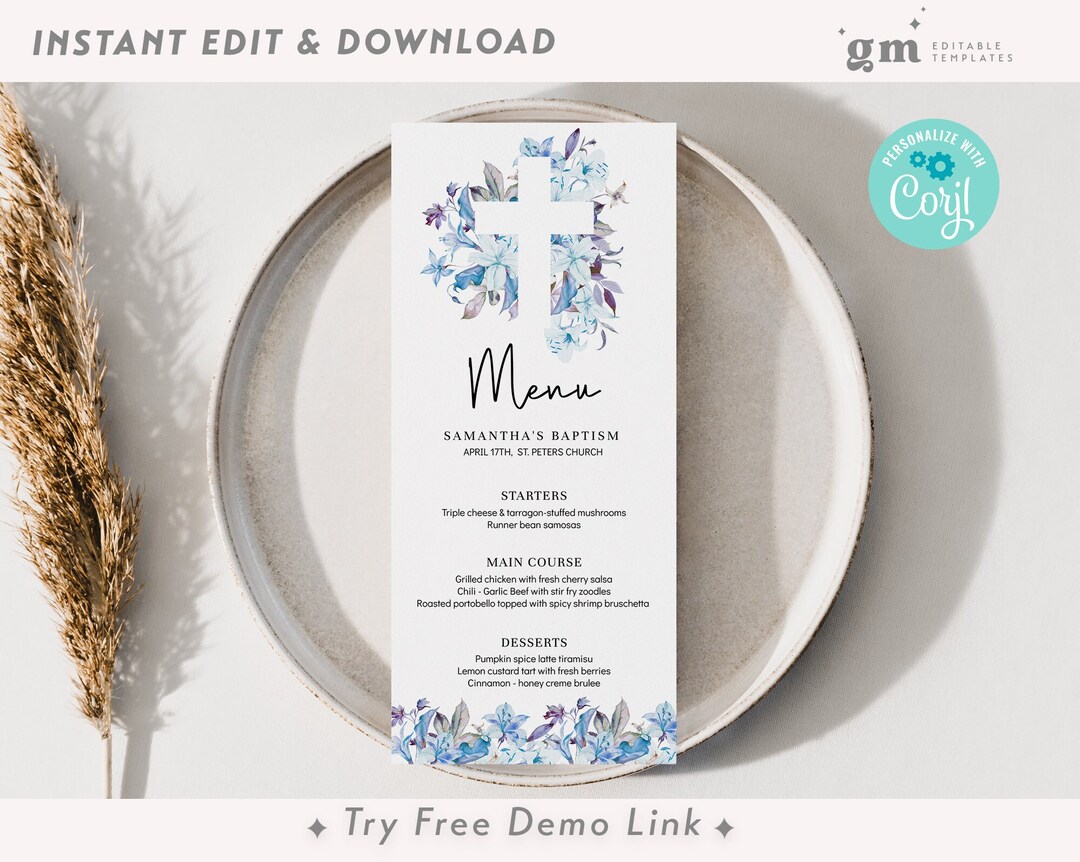 Blue Floral Cross Baptism Lunch Menu, EDITABLE Boy Communion Menu Card