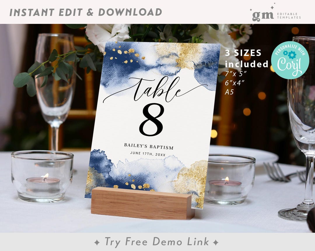 Navy Table Number Sign, EDITABLE Modern Table Number Card Template ...