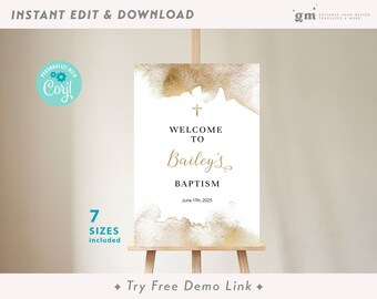 Neutral Baptism Welcome Sign, Gold, Simple EDITABLE Christening Poster Template, Watercolor Baptism Decoration, 1st Communion BA01-3