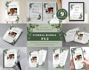 Editable Tropical Funeral Template Package, Greenery Celebration of Life Bundle, Customizable In Loving Memory Set, Green Memorial FU2