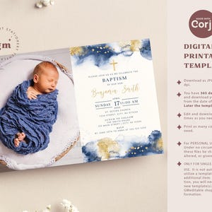 Invitación con foto para bautizo de niño, azul marino y dorado, plantilla editable Ba07-2 imagen 2