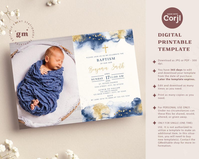 Invitación con foto para bautizo de niño, azul marino y dorado, plantilla editable Ba07-2 imagen 2
