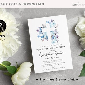 Invitación de comunión con cruz floral azul, plantilla de invitación de primera comunión para niño EDITABLE, primera comunión BA03