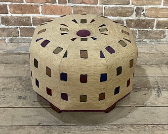 Pouf Ottoman- Pouf- Footstool- Round Ottoman- Mod Squares woven Upholstery fabric- by beckyzimmdesign