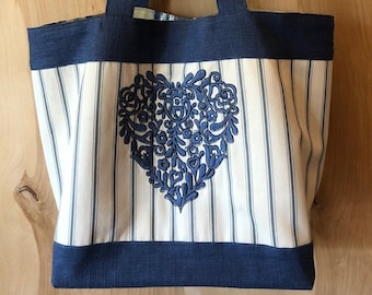 Denim Blue Mattress Ticking with Embroidered Heart Tote- Cotton and Linen Tote bag- by beckyzimmdesign