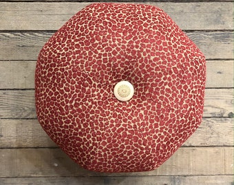 Cheetah Pouf Ottoman- Pouf- Footstool- Round Ottoman- Red and tan chenille Upholstery fabric- by beckyzimmdesign