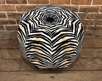 Zebra Pouf Ottoman- Pouf- Footstool- Round Ottoman- Velvety Black and White Zebra Woven Upholstery fabric- by beckyzimmdesign