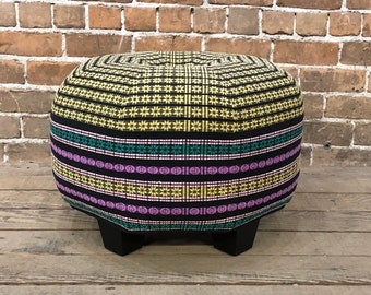 African Pouf Ottoman- Pouf- Footstool- Round Ottoman- African Woven Upholstery fabric- by beckyzimmdesign