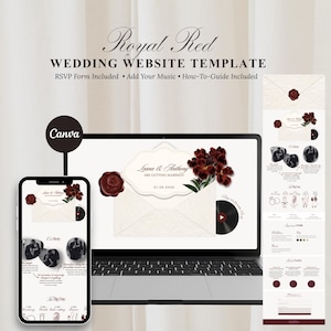 Könnte beinhalten: Eine digitale Hochzeits-Website-Vorlage mit dem Titel Royal Red auf einem Laptop und Smartphone. Das Design umfasst cremefarbene Umschläge, dunkelrote Blumenakzente, Wachssiegel-Grafiken und den Text Leana & Anthony.