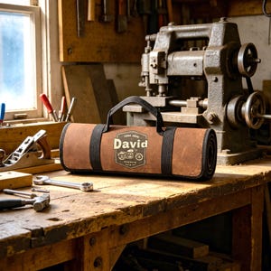 May include: A brown leather tool roll with black nylon straps and handles. The centre features a printed emblem with the text "FORGE AHEAD", "David", and "KEEP GOING", along with a graphic of a motorcycle and the year 2017.