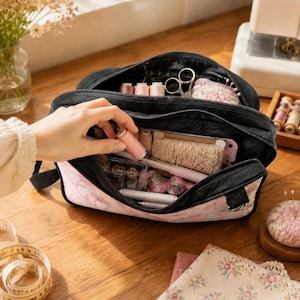 May include: A black and light pink zippered storage bag filled with sewing supplies, including multiple spools of thread, a pair of metal scissors, lace trim, and various notions. The bag features a soft pink floral pattern on the lower section.