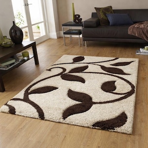 Hand Tufted Wool Area Rug, 3D Floral Botanical Carpet, Sage Green Wavy Hallway Runner, Brown Leaf Shag Rug, Custom Plush Mid Century Decor