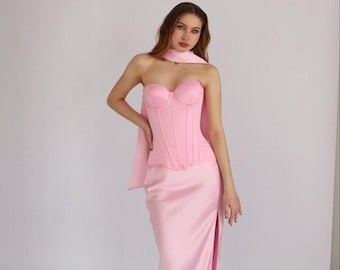 Blush Pink Satin Corset Maxi Skirt Shawl Set, Custom Bridesmaid Wedding Guest Outfit