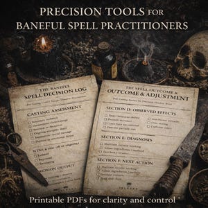 May include: A gothic-themed image showcasing two printable PDF documents for spell practitioners. The documents, titled "The Baneful Spell Decision Log" and "The Spell Outcome & Adjustment," are accompanied by a skull, candles, and a knife. Text reads "Precision Tools for Baneful Spell Practitioners."