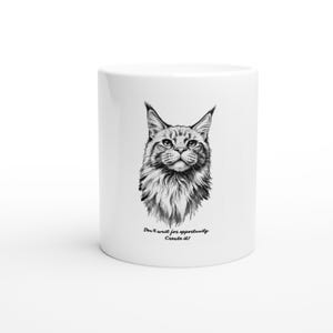 Może przedstawiać: Biały ceramiczny kubek z czarno-białą ilustracją twarzy kota Maine Coon. Kubek ma napis "Don't wait for opportunity, Create it!" w czcionce w stylu pisma odręcznego.