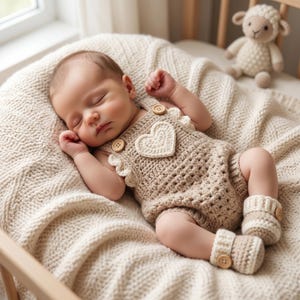 May include: A beige crocheted romper featuring a white heart appliqué on the chest, ruffled shoulder straps, and wooden buttons. The outfit includes matching beige and white crocheted booties with wooden button accents, worn by a sleeping infant.