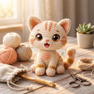 May include: A cream and orange striped crocheted cat plush toy with large brown eyes, a pink nose, and an open mouth. The cat features a small white tag with a line drawing of a cat face attached to its neck, sitting upright on a wooden surface.