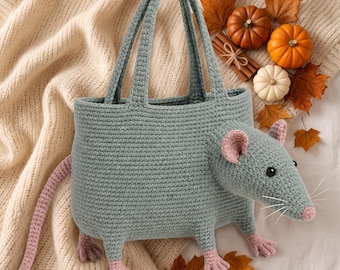 Crochet Rat Tote Bag Pattern PDF, Amigurumi Animal Purse, Cute Mouse Handbag, Novelty Market Bag, Digital Download