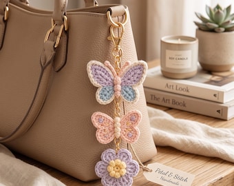 Crochet Butterfly Keychain Pattern PDF, Flower Bag Charm Crochet Pattern, Pastel Butterfly Charm, Intermediate Digital Download