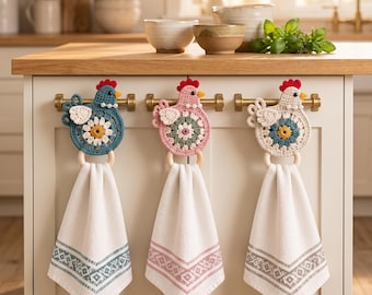 Crochet Chicken Towel Holder Pattern, 3 Hen Kitchen Decor Designs, Farmhouse Towel Ring PDF, Intermediate Crochet Pattern, Digital Download
