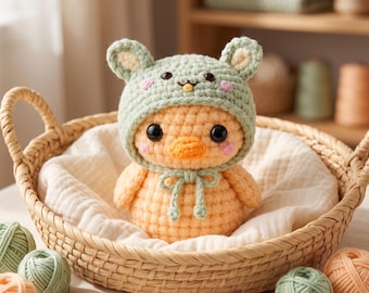 Crochet Rubber Duck Amigurumi Pattern, Cute Duck Plush PDF, Animal Bonnet Crochet Pattern, Digital Download, Intermediate Pattern