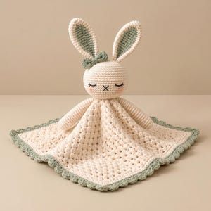 May include: A cream-colored crochet security blanket featuring a stuffed bunny head with long ears, a small bow, and embroidered closed eyes. The blanket has a textured square body with a scalloped sage green border that matches the bunny's ears.