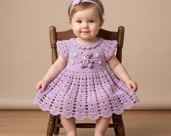 Purple Crochet Baby Dress Pattern, Teddy Bear Lace Gown, Flutter Sleeve Baby Dress, Christening Outfit PDF, Digital Crochet Pattern