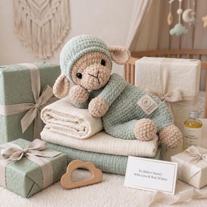 May include: A crocheted plush lamb toy in sage green and beige, wearing a matching hat and onesie. The lamb rests on folded cream and sage green muslin blankets. A wooden cloud-shaped teether, a gift card, and wrapped presents are nearby.