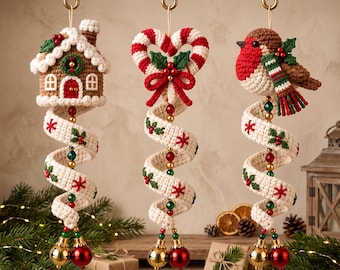 Crochet Snowman Spiral Ornament Pattern PDF, Christmas Hanging Decor with Beads, Bells & Snowflakes, Intermediate Crochet Pattern