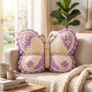May include: A butterfly-shaped throw pillow crafted from chunky yarn in shades of lavender and cream. The pillow features a central body, two antennae, and four wings decorated with small, raised flower appliques in lavender and cream colors.