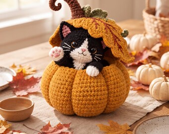Sleepy Pumpkin Cat Crochet Pattern, Halloween Cat Amigurumi PDF, Pumpkin Kitty Plush, Autumn Crochet Decor, Intermediate Digital Download