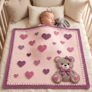 Mönster för björnfilt, virkad björnfilt, nallebjörnsmönster från Bernat-filtgarn, babyshowerpresent till nyfödd, mönster i PDF-format direkt nedladdning