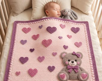 bear blanket pattern, crochet bear blanket, bernat blanket yarn teddy bear pattern, newborn baby shower gift, instant download pdf pattern