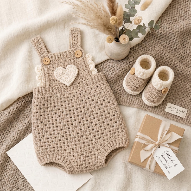 May include: A beige crochet romper featuring a white heart appliqu&eacute; on the chest, two wooden buttons on the straps, and ruffled side details. Included are matching beige and white crochet booties and a gift box with a tag reading Little Oak Knitwear.
