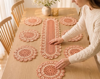 Crochet Table Runner and Placemat Pattern PDF, Farmhouse Dining Decor, Floral Lace Table Set, Home Decor, Instant Download