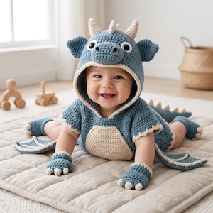 May include: A blue and cream crocheted dragon costume featuring a hooded top with horns, a cream-coloured belly panel, attached wings, and matching hand and foot covers with cream-coloured claws. The outfit is crafted with a textured yarn stitch.