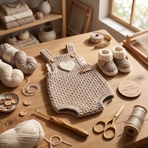 May include: A beige crocheted baby romper with a white heart appliqu&eacute;, two wooden buttons on the straps, and a small leather tag. Accompanied by matching beige and white crocheted booties, yarn skeins, a wooden crochet hook, and scissors.