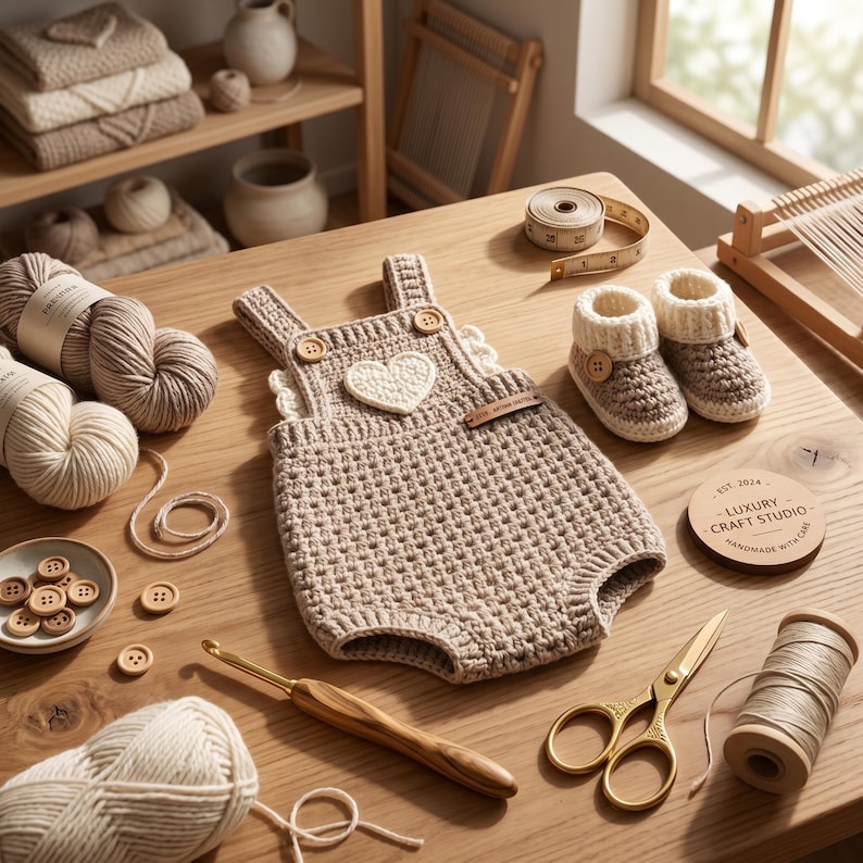 May include: A beige crocheted baby romper with a white heart appliqu&eacute;, two wooden buttons on the straps, and a small leather tag. Accompanied by matching beige and white crocheted booties, yarn skeins, a wooden crochet hook, and scissors.