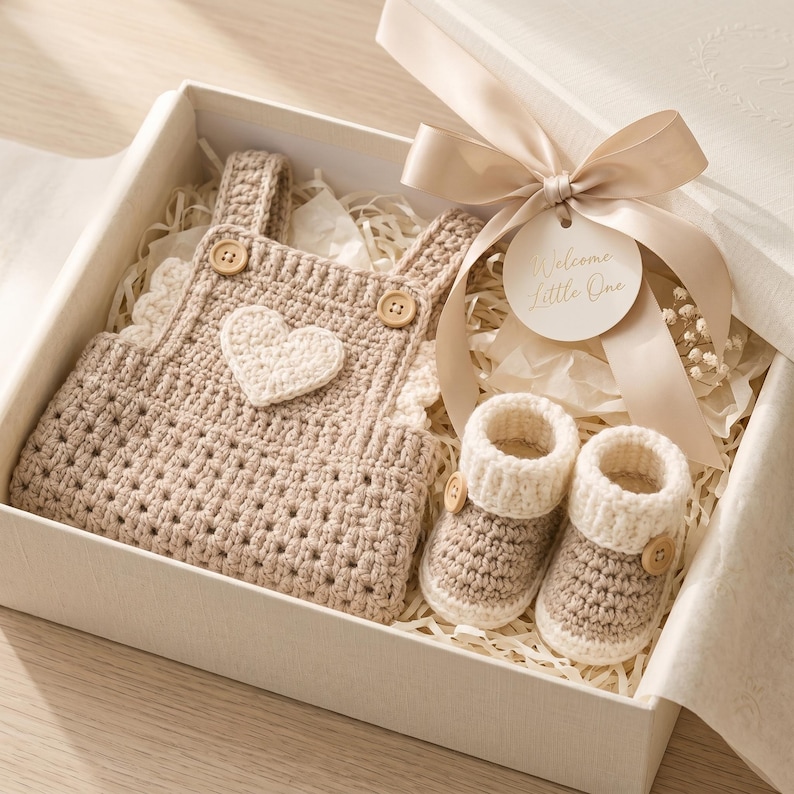 May include: A beige crochet romper with a white heart appliqu&eacute; and two wooden buttons, paired with matching beige and white crochet booties. The items are presented in a white gift box with a beige ribbon and a tag reading Welcome Little One.