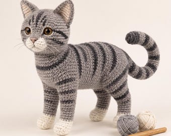 Realistic Tabby Cat Amigurumi Crochet Pattern, Standing Kitten Plush Toy, Intermediate PDF Digital Download